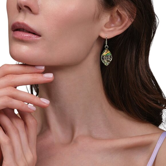 Sterling Silver Abalone Shell Marquise Drop Earrings With Filigree Design - Picture 3 of 9